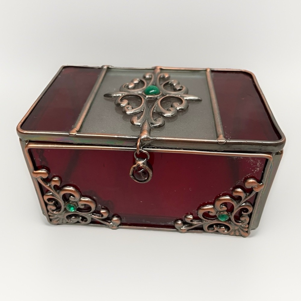 Vintage Red Stain Glass Copper and Gems Jewelry Box Trinket Box